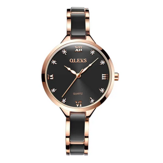 OLEVS 5872 Black And RoseGold Ceramic Steel Analog Watch For Women - RoseGold & Black